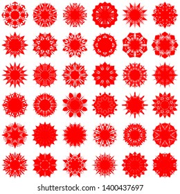 Red Flowers / Pseudo-Snowflakes on white background. Sharp set of 36 items. 8 (eight) angles. - Vector