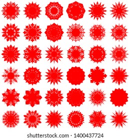 Red Flowers / Pseudo-Snowflakes on white background. Sharp set of 36 items. 8 (eight) angles. - Vector