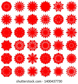 Red Flowers / Pseudo-Snowflakes on white background. Sharp set of 36 items. 8 (eight) angles. - Vector