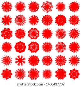 Red Flowers / Pseudo-Snowflakes on white background. Sharp set of 36 items. 8 (eight) angles. - Vector