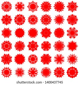 Red Flowers / Pseudo-Snowflakes on white background. Sharp set of 36 items. 8 (eight) angles. - Vector