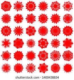 Red Flowers / Pseudo-Snowflakes on white background. Sharp set of 36 items. 7 (seven) angles. - Vector