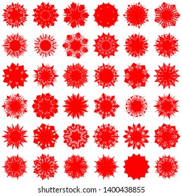 Red Flowers / Pseudo-Snowflakes on white background. Sharp set of 36 items. 7 (seven) angles. - Vector