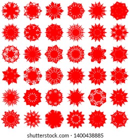 Red Flowers / Pseudo-Snowflakes on white background. Sharp set of 36 items. 7 (seven) angles. - Vector