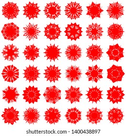 Red Flowers / Pseudo-Snowflakes on white background. Sharp set of 36 items. 7 (seven) angles. - Vector