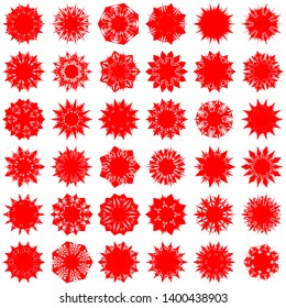Red Flowers / Pseudo-Snowflakes on white background. Sharp set of 36 items. 7 (seven) angles. - Vector
