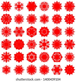 Red Flowers / Pseudo-Snowflakes on white background. Sharp set of 36 items. 6 (six) angles. - Vector