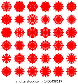 Red Flowers / Pseudo-Snowflakes on white background. Sharp set of 36 items. 6 (six) angles. - Vector