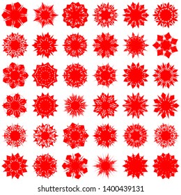 Red Flowers / Pseudo-Snowflakes on white background. Sharp set of 36 items. 7 (seven) angles. - Vector
