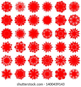 Red Flowers / Pseudo-Snowflakes on white background. Sharp set of 36 items. 7 (seven) angles. - Vector