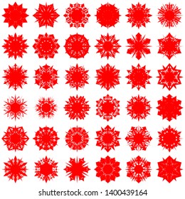 Red Flowers / Pseudo-Snowflakes on white background. Sharp set of 36 items. 6 (six) angles. - Vector