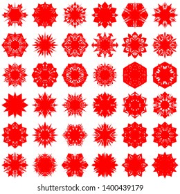Red Flowers / Pseudo-Snowflakes on white background. Sharp set of 36 items. 6 (six) angles. - Vector