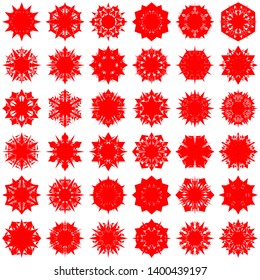 Red Flowers / Pseudo-Snowflakes on white background. Sharp set of 36 items. 6 (six) angles. - Vector