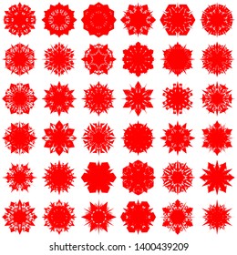 Red Flowers / Pseudo-Snowflakes on white background. Sharp set of 36 items. 6 (six) angles. - Vector