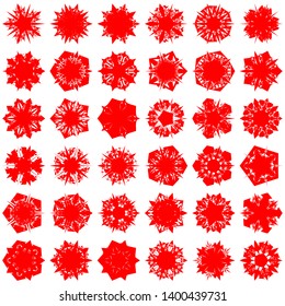 Red Flowers / Pseudo-Snowflakes on white background. Sharp set of 36 items. 5 (five) angles. - Vector