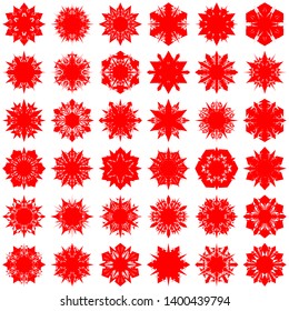 Red Flowers / Pseudo-Snowflakes on white background. Sharp set of 36 items. 6 (six) angles. - Vector