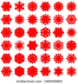 Red Flowers / Pseudo-Snowflakes on white background. Sharp set of 36 items. 6 (six) angles. - Vector