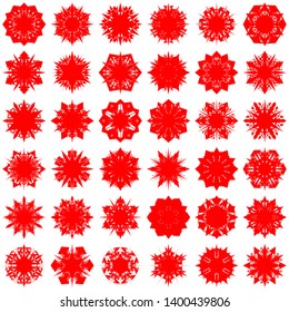 Red Flowers / Pseudo-Snowflakes on white background. Sharp set of 36 items. 6 (six) angles. - Vector
