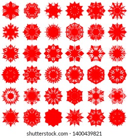 Red Flowers / Pseudo-Snowflakes on white background. Sharp set of 36 items. 6 (six) angles. - Vector