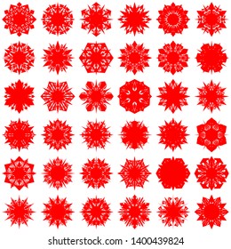 Red Flowers / Pseudo-Snowflakes on white background. Sharp set of 36 items. 6 (six) angles. - Vector