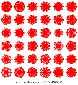 Red Flowers / Pseudo-Snowflakes on white background. Sharp set of 36 items. 5 (five) angles. - Vector