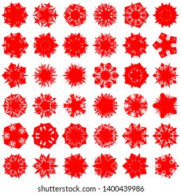 Red Flowers / Pseudo-Snowflakes on white background. Sharp set of 36 items. 5 (five) angles. - Vector