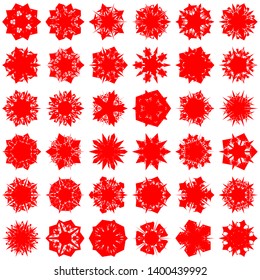 Red Flowers / Pseudo-Snowflakes on white background. Sharp set of 36 items. 5 (five) angles. - Vector