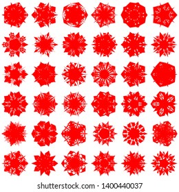 Red Flowers / Pseudo-Snowflakes on white background. Sharp set of 36 items. 5 (five) angles. - Vector