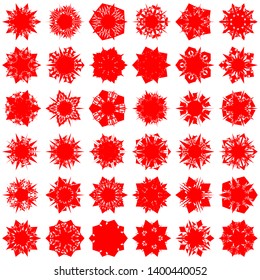 Red Flowers / Pseudo-Snowflakes on white background. Sharp set of 36 items. 5 (five) angles. - Vector
