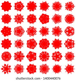 Red Flowers / Pseudo-Snowflakes on white background. Sharp set of 36 items. 5 (five) angles. - Vector