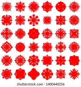 Red Flowers / Pseudo-Snowflakes on white background. Sharp set of 36 items. 4 (four) angles. - Vector