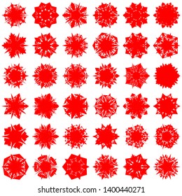 Red Flowers / Pseudo-Snowflakes on white background. Sharp set of 36 items. 5 (five) angles. - Vector
