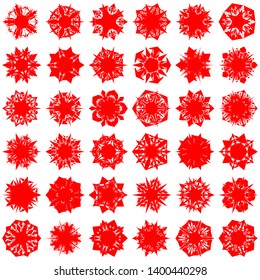 Red Flowers / Pseudo-Snowflakes on white background. Sharp set of 36 items. 5 (five) angles. - Vector