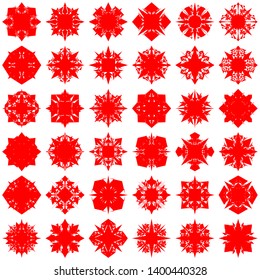 Red Flowers / Pseudo-Snowflakes on white background. Sharp set of 36 items. 4 (four) angles. - Vector