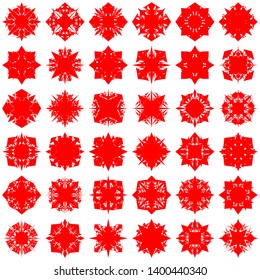 Red Flowers / Pseudo-Snowflakes on white background. Sharp set of 36 items. 4 (four) angles. - Vector