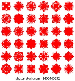 Red Flowers / Pseudo-Snowflakes on white background. Sharp set of 36 items. 4 (four) angles. - Vector