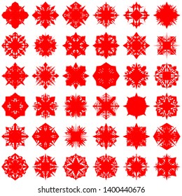 Red Flowers / Pseudo-Snowflakes on white background. Sharp set of 36 items. 4 (four) angles. - Vector