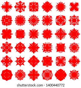 Red Flowers / Pseudo-Snowflakes on white background. Sharp set of 36 items. 4 (four) angles. - Vector