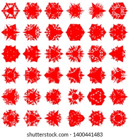 Red Flowers. Pseudo-Snowflakes on white background. Sharp set of 36 items. 3 (three) angles. - Vector