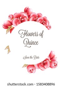 Red Flowers of Quince wreath invitation greeting card. Round place for text. Watercolor vector