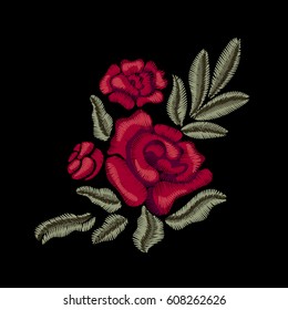 Red flowers. Roses. Embroidery. Vector floral print.