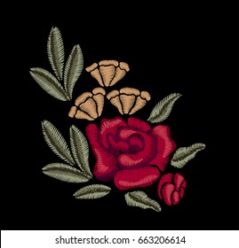 Red flowers. Roses. Vintage embroidery. Vector floral print.