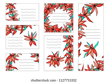 Red flowers scrapbooking set with visit card and greeting templates, hand drawn