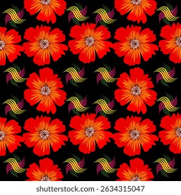 Red flowers seamless fabric pattern on black background