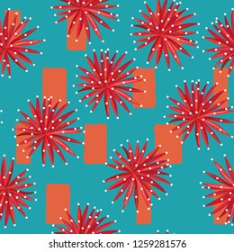 Red flowers seamless pattern. Abstract orange rectangle on the blue background