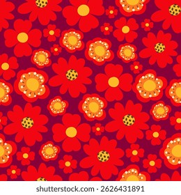 Red Flowers Seamless Pattern with Cute Nature Wild Field Florals Isolated on Dark Red Background. Doodle quirky summer and spring plants. Feminine repeatable backdrop perfect for fashion, clothing