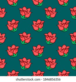 Red flowers, seamless pattern on dark green background.