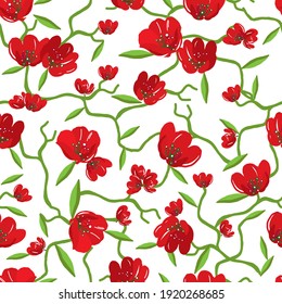Red flowers seamless pattern. Red poppies on white background. Can be uset for textile, wallpapers, prints and web design. Isolated vector illustration