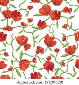 Flores rojas sin costura. Cachorros rojos sobre fondo blanco. Se puede usar para textiles, papel pintado, impresiones y diseño web. Ilustración del vector