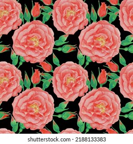 Red flowers. Seamless pattern. Roses on a black background. Vector.